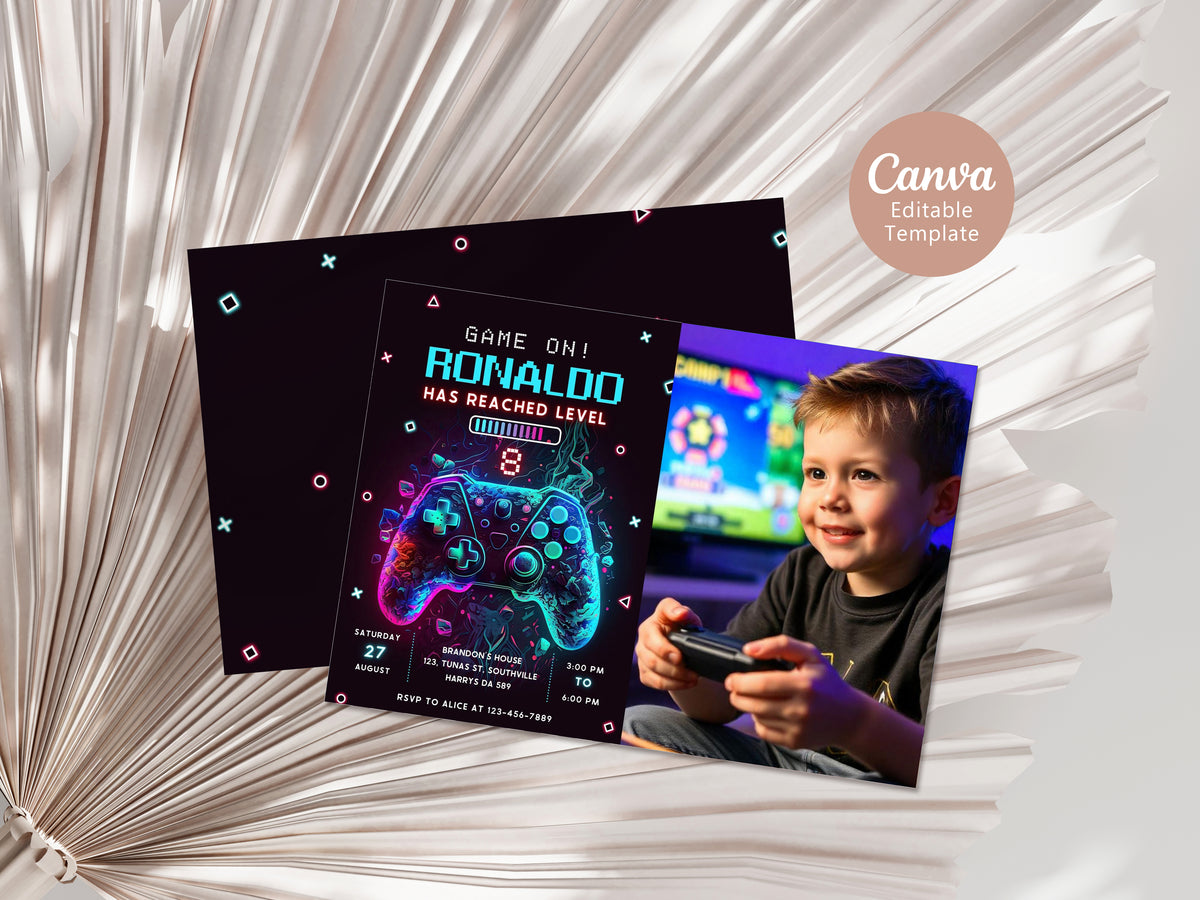 Video Game Party Photo Invitation, EDITABLE Level Up Birthday Photo Invite, Blue Neon Glow Gamer Boy Template with Picture Arcade Party Invitation 0386