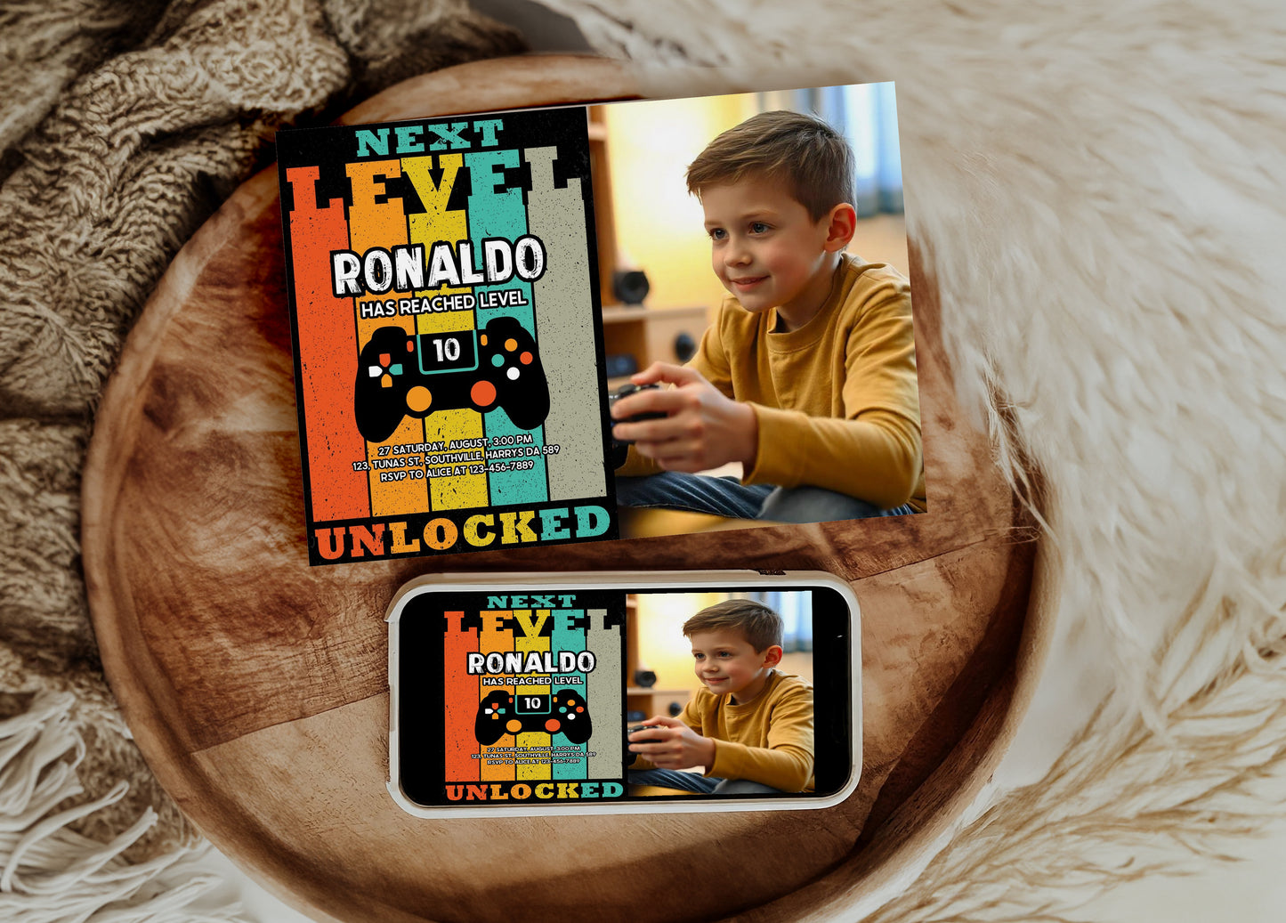 Video Game Party Photo Invitation, EDITABLE Level Up Birthday Photo Invite, Blue Neon Glow Gamer Boy Template with Picture Arcade Party Invitation 0385