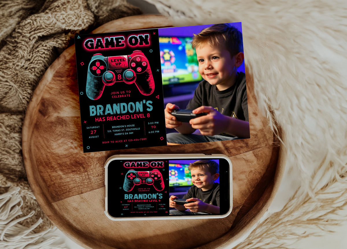 Video Game Party Photo Invitation, EDITABLE Level Up Birthday Photo Invite, Blue Neon Glow Gamer Boy Template with Picture Arcade Party Invitation 0384