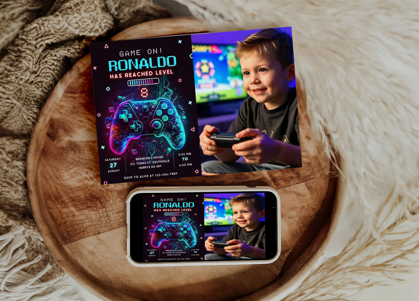 Video Game Party Photo Invitation, EDITABLE Level Up Birthday Photo Invite, Blue Neon Glow Gamer Boy Template with Picture Arcade Party Invitation 0386