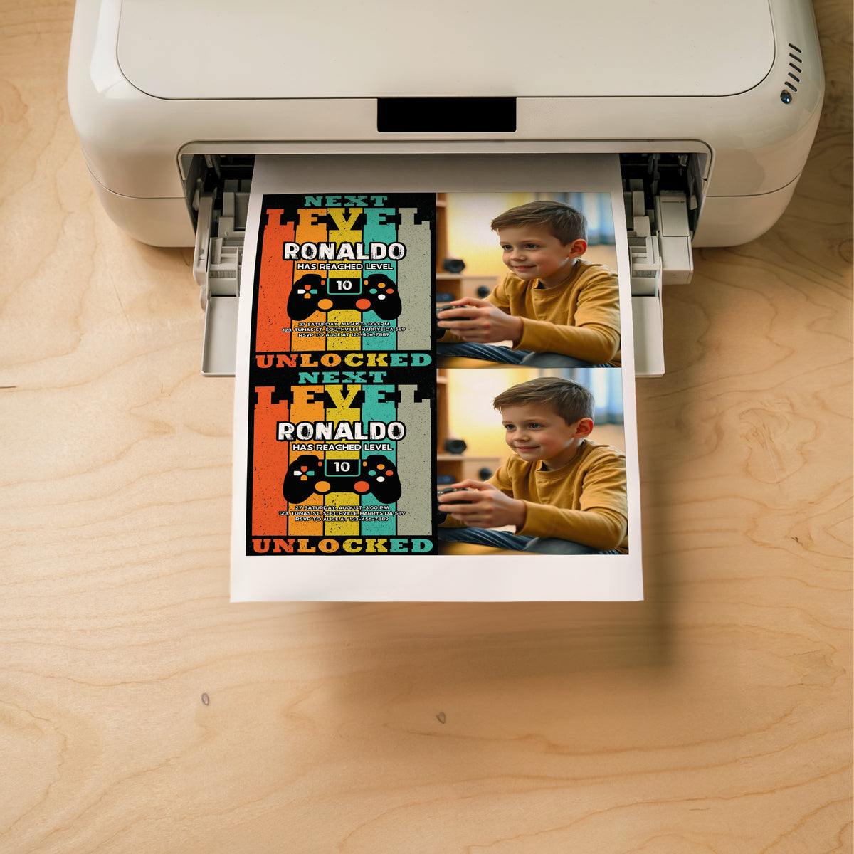 Video Game Party Photo Invitation, EDITABLE Level Up Birthday Photo Invite, Blue Neon Glow Gamer Boy Template with Picture Arcade Party Invitation 0385