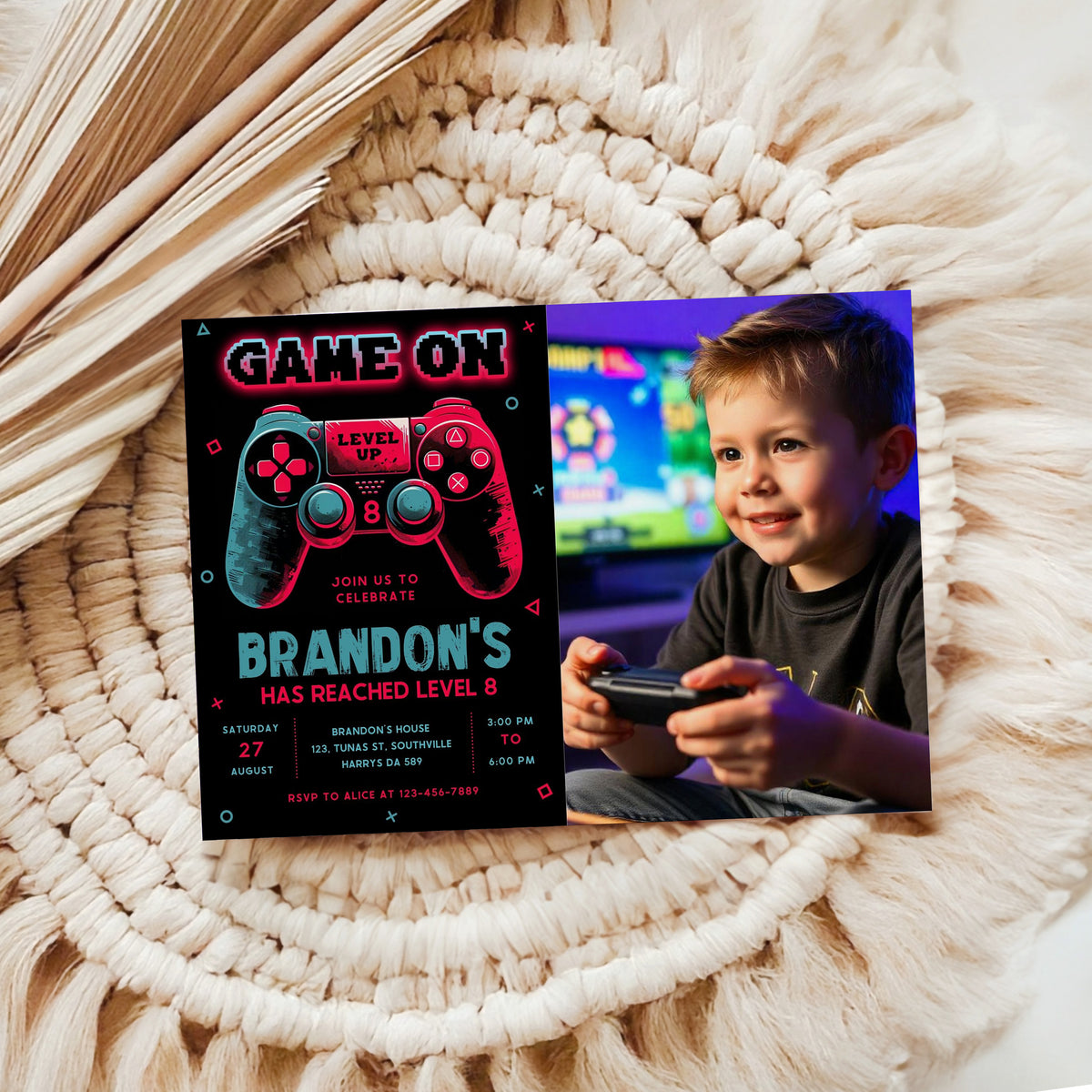 Video Game Party Photo Invitation, EDITABLE Level Up Birthday Photo Invite, Blue Neon Glow Gamer Boy Template with Picture Arcade Party Invitation 0384