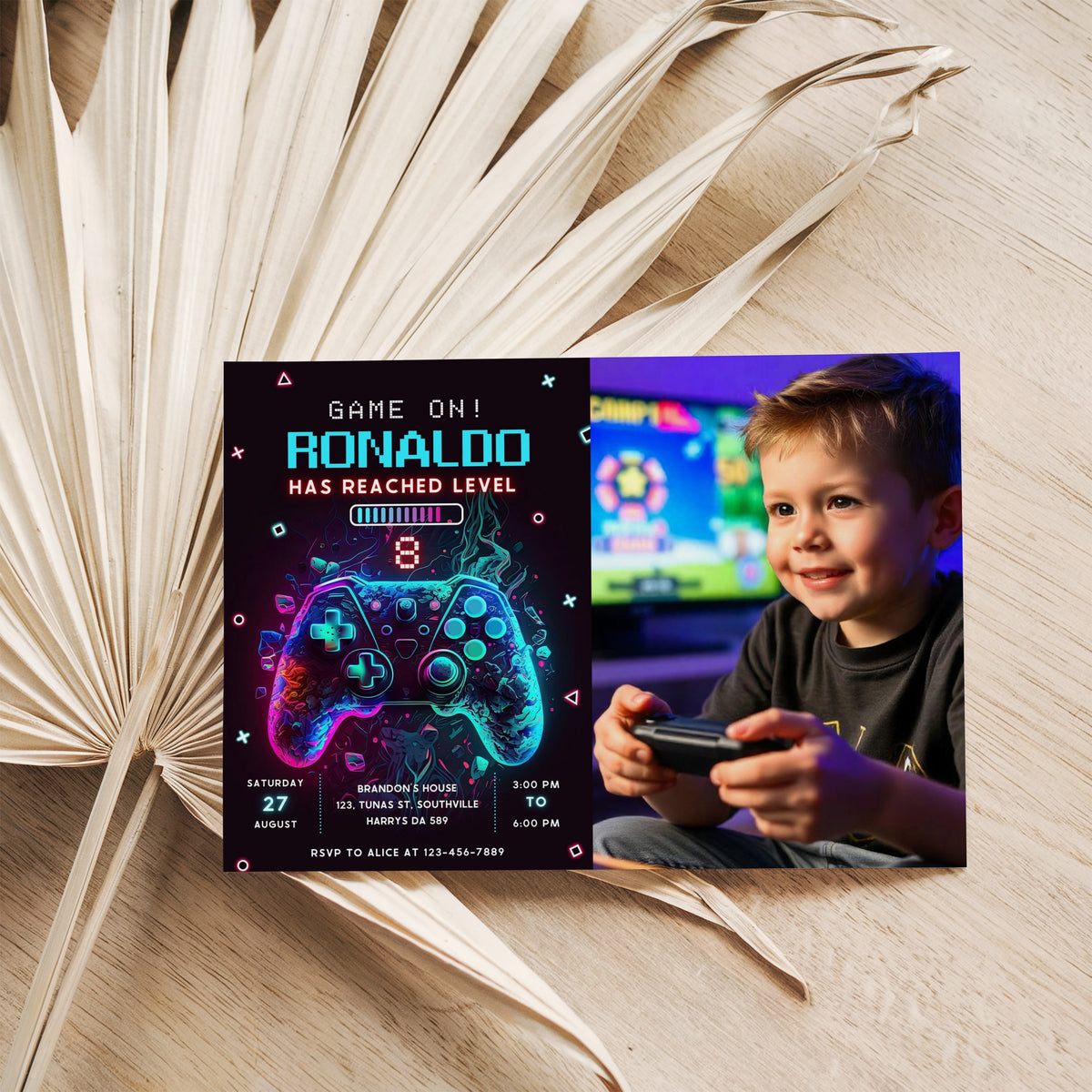 Video Game Party Photo Invitation, EDITABLE Level Up Birthday Photo Invite, Blue Neon Glow Gamer Boy Template with Picture Arcade Party Invitation 0386