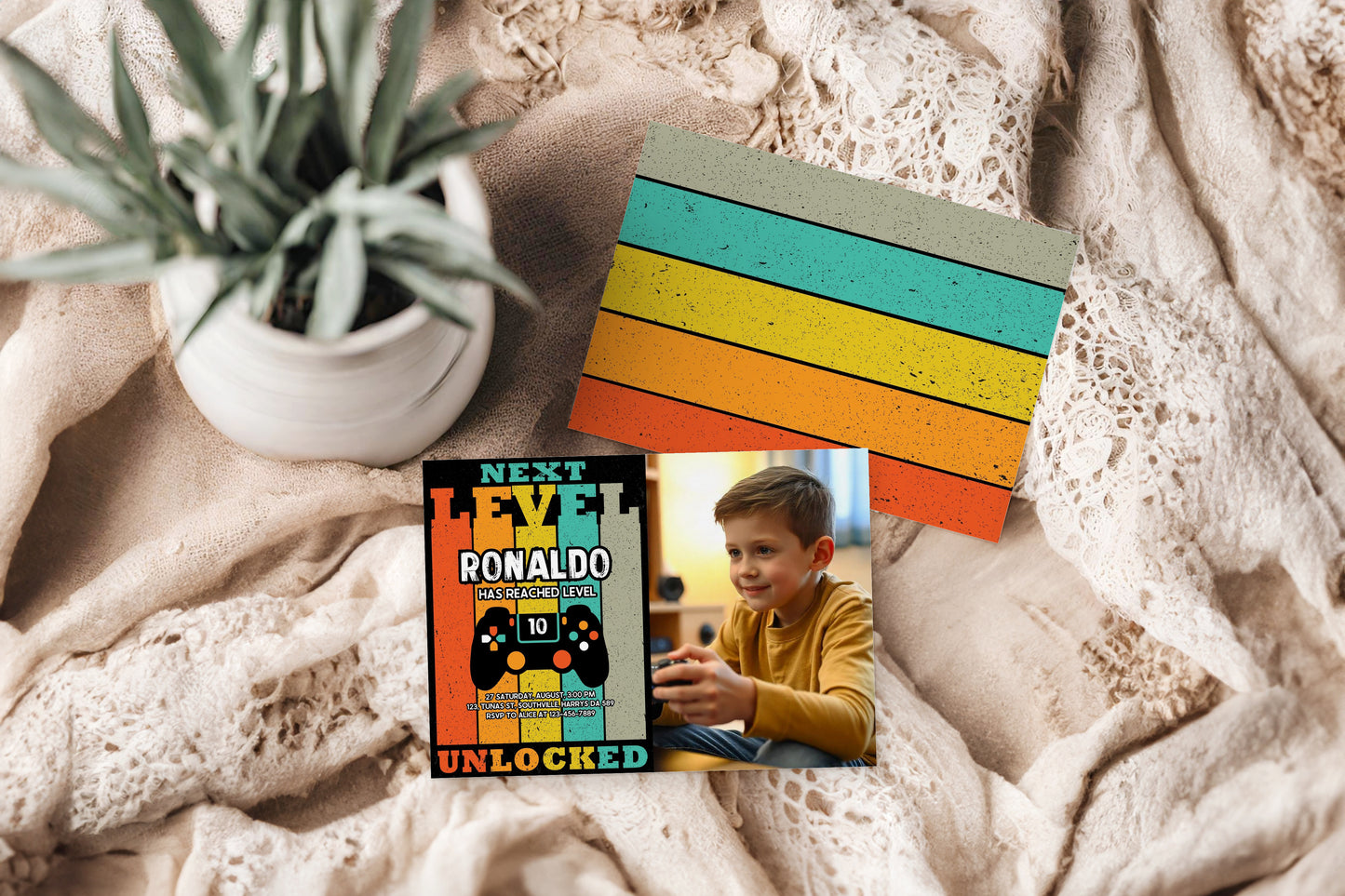 Video Game Party Photo Invitation, EDITABLE Level Up Birthday Photo Invite, Blue Neon Glow Gamer Boy Template with Picture Arcade Party Invitation 0385