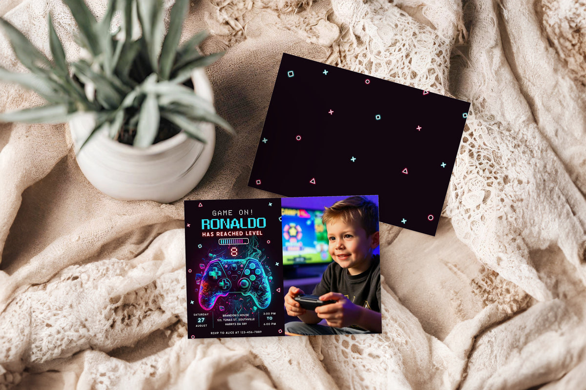 Video Game Party Photo Invitation, EDITABLE Level Up Birthday Photo Invite, Blue Neon Glow Gamer Boy Template with Picture Arcade Party Invitation 0386