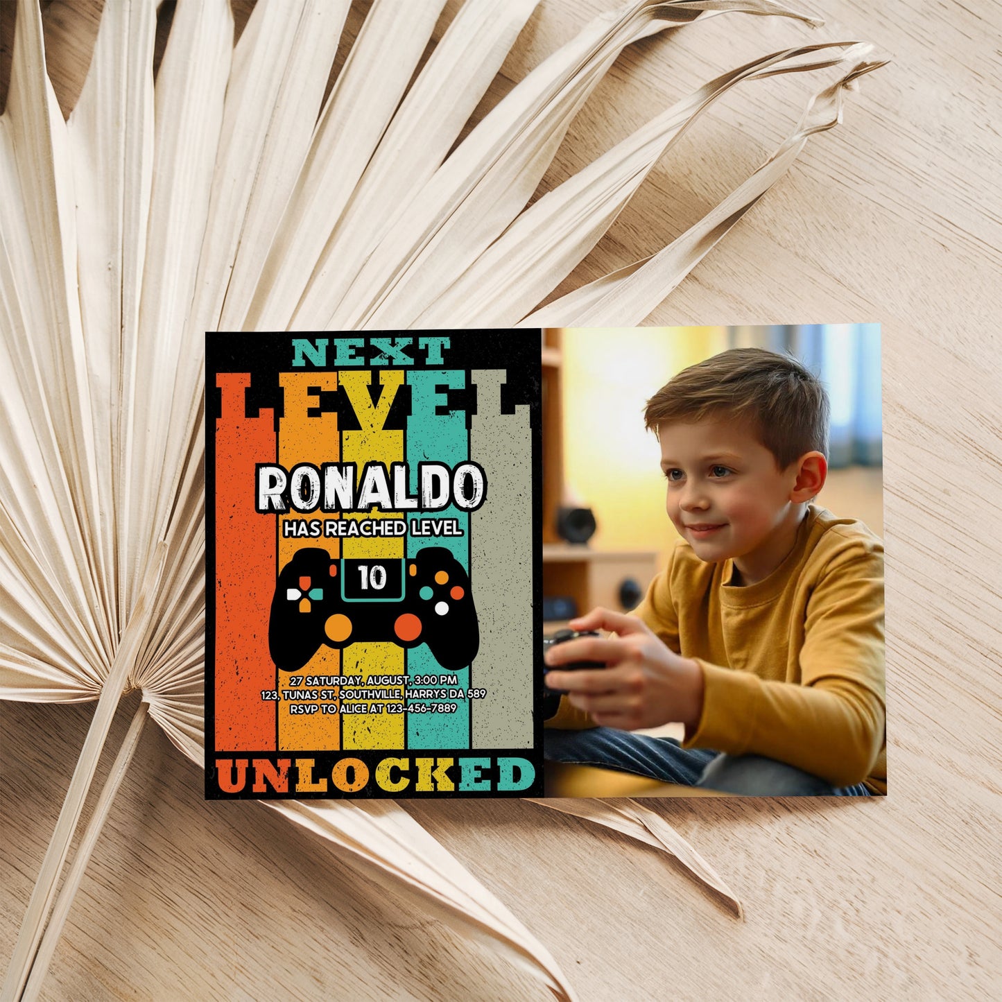 Video Game Party Photo Invitation, EDITABLE Level Up Birthday Photo Invite, Blue Neon Glow Gamer Boy Template with Picture Arcade Party Invitation 0385