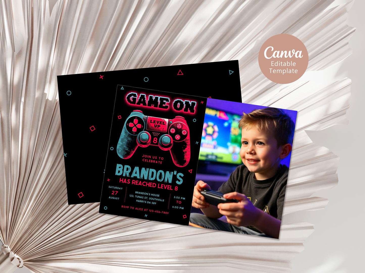 Video Game Party Photo Invitation, EDITABLE Level Up Birthday Photo Invite, Blue Neon Glow Gamer Boy Template with Picture Arcade Party Invitation 0384