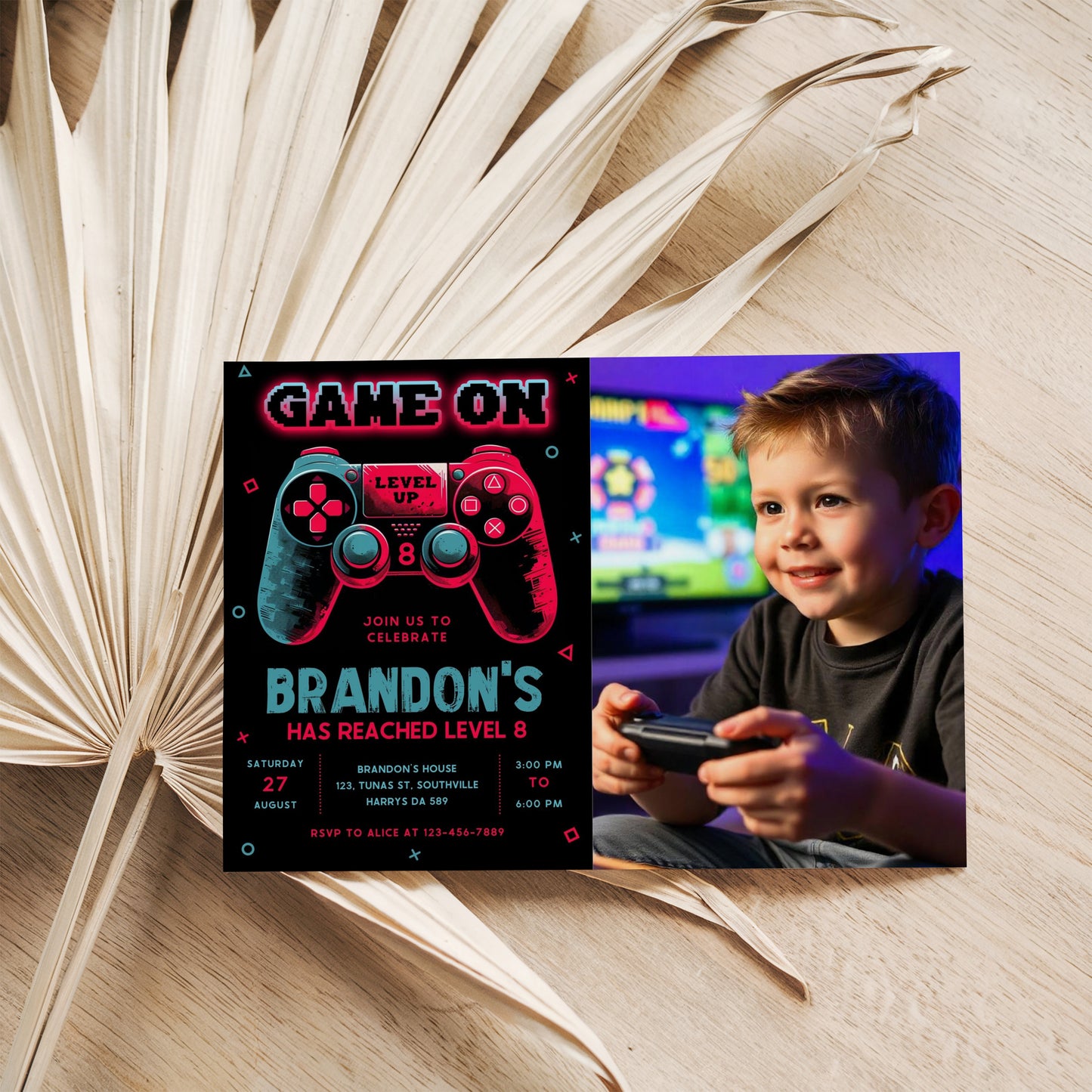 Video Game Party Photo Invitation, EDITABLE Level Up Birthday Photo Invite, Blue Neon Glow Gamer Boy Template with Picture Arcade Party Invitation 0384