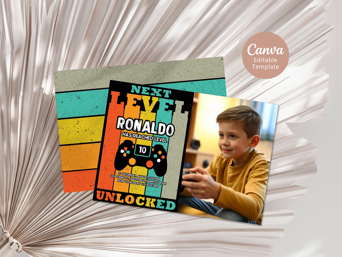 Video Game Party Photo Invitation, EDITABLE Level Up Birthday Photo Invite, Blue Neon Glow Gamer Boy Template with Picture Arcade Party Invitation 0385