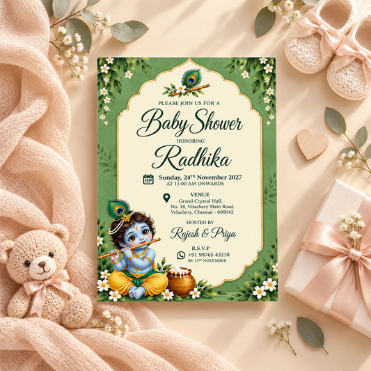 Green Little Krishna Baby Shower Invitation | Digital & Printed