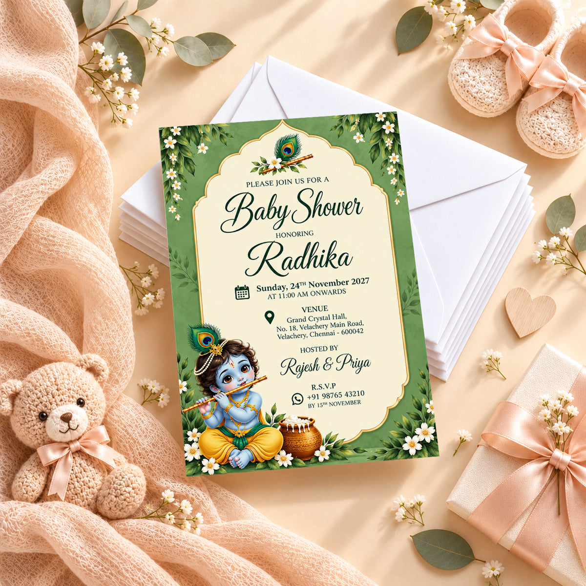 Green Little Krishna Baby Shower Invitation | Digital & Printed