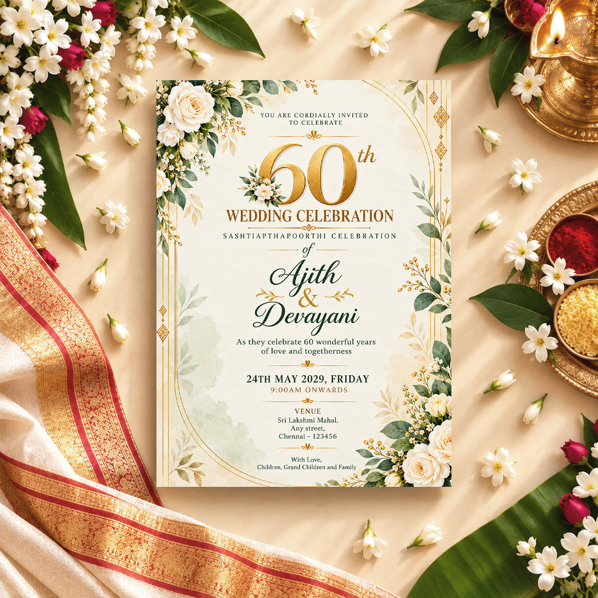 Greenery 60th Wedding Anniversary Invitation | Sashtiapthapoorthi