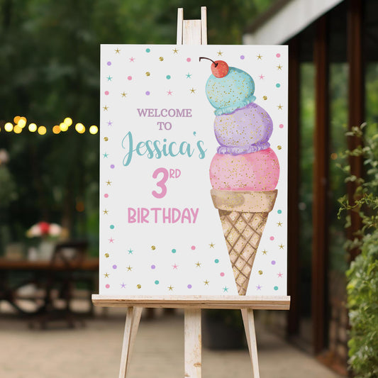 Ice Cream Welcome Sign, Printable Sign Board, Girl Birthday, Digital Download, Edit yourself, Corjl 0310