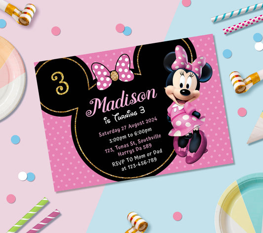 Pink Minnie Birthday Invitation Template, Printable Invitation, Girl Birthday, Evite, Digital Invite, 0147