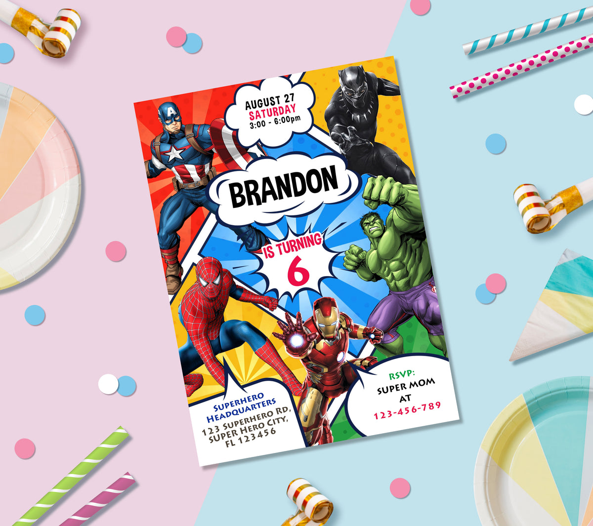 Superhero Birthday Invitation Template, Printable Invitation, Boy Birthday, Evite, Digital Invite, 0141