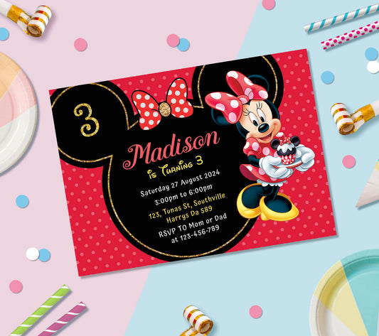 Red Minnie Birthday Invitation Template, Printable Invitation, Girl Birthday, Evite, Digital Invite, 0148