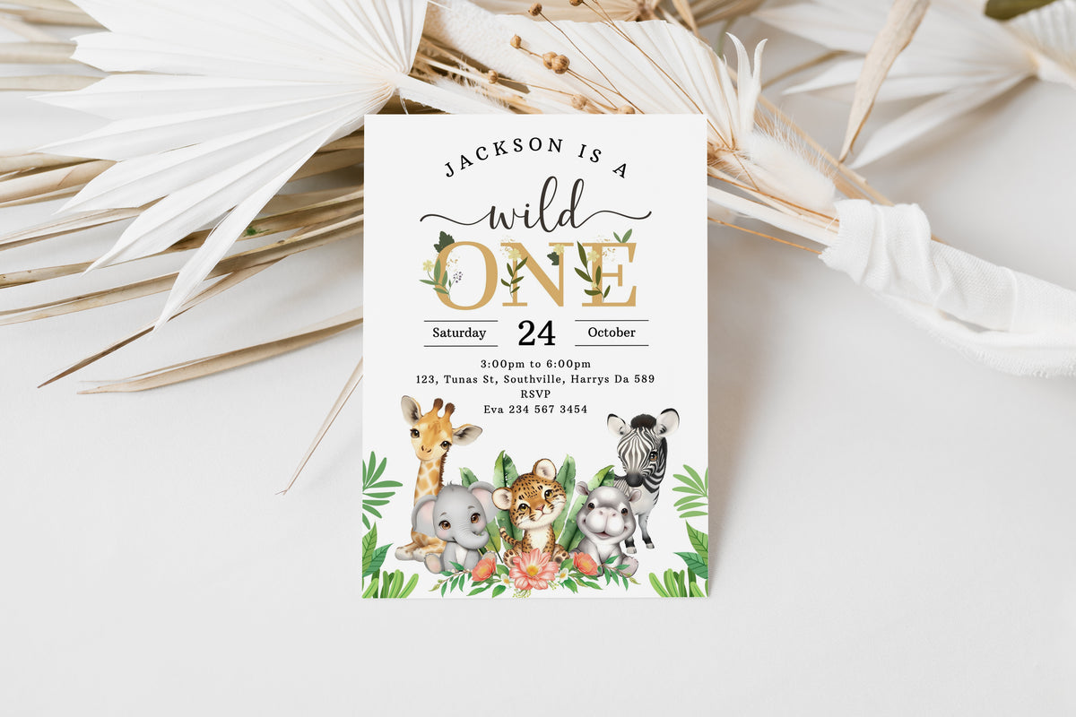 Wild One 1st Birthday Invitation, Wild One Birthday Invitation, Safari Wild One Party Invite, Boy Birthday, Jungle Animals Invitation 0535