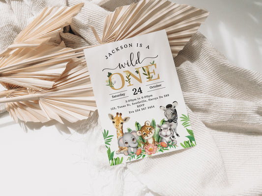 Wild One 1st Birthday Invitation, Wild One Birthday Invitation, Safari Wild One Party Invite, Boy Birthday, Jungle Animals Invitation 0535