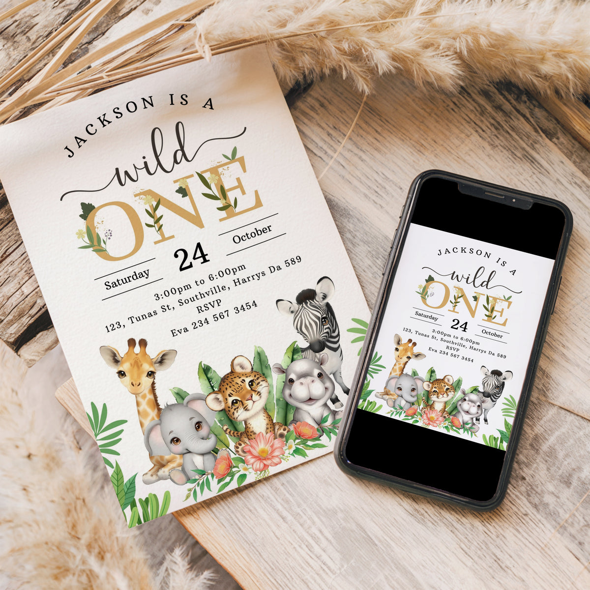 Wild One 1st Birthday Invitation, Wild One Birthday Invitation, Safari Wild One Party Invite, Boy Birthday, Jungle Animals Invitation 0535