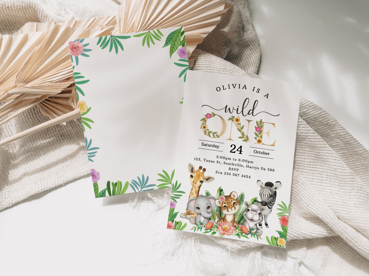 Jungle Birthday Invitation Girl Safari Party Invite Jungle Animals Wild One Yellow Gold Floral Girl 1st Birthday Editable Download 0536