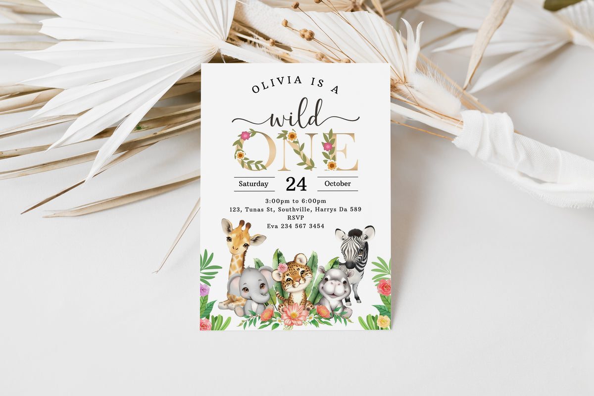 Jungle Birthday Invitation Girl Safari Party Invite Jungle Animals Wild One Yellow Gold Floral Girl 1st Birthday Editable Download 0536