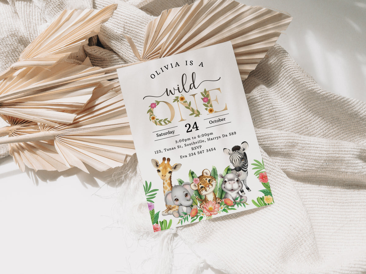 Jungle Birthday Invitation Girl Safari Party Invite Jungle Animals Wild One Yellow Gold Floral Girl 1st Birthday Editable Download 0536