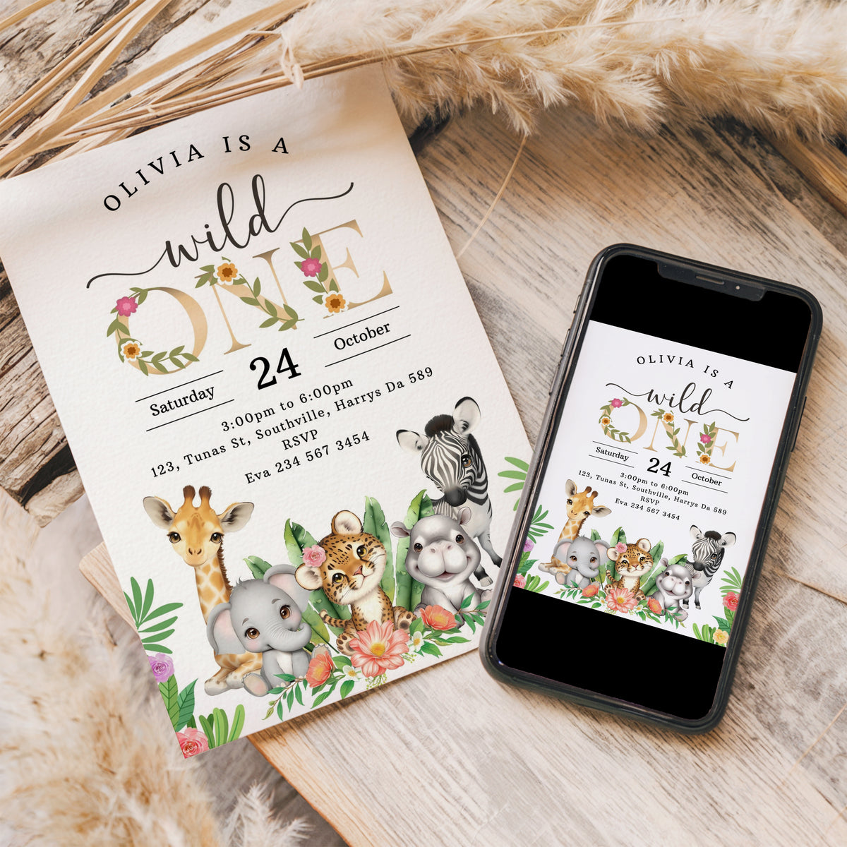Jungle Birthday Invitation Girl Safari Party Invite Jungle Animals Wild One Yellow Gold Floral Girl 1st Birthday Editable Download 0536