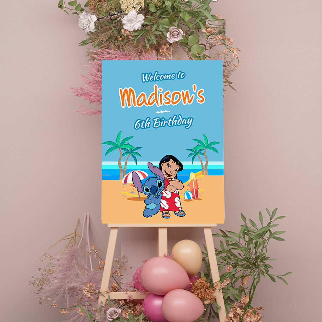 Lilo & Stitch Welcome Sign, Printable Sign Board, Girl Birthday, Digital Download, Edit yourself, Corjl 0099