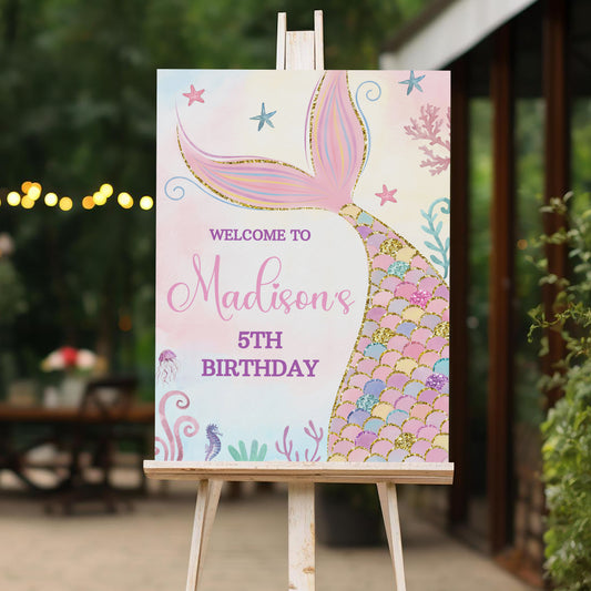 Mermaid Welcome Sign, Printable Sign Board, Girl Birthday, Digital Download, Edit yourself, Corjl 0308