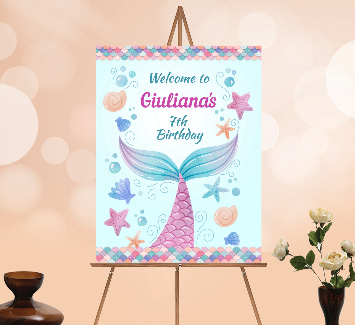 Mermaid Welcome Sign, Printable Sign Board, Girl Birthday, Digital Download, Edit yourself, Corjl 0067