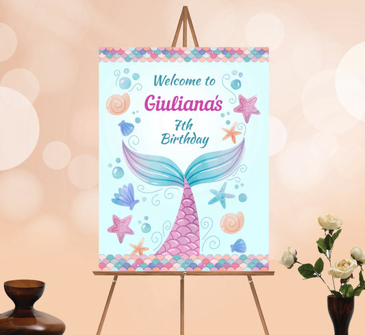 Mermaid Welcome Sign, Printable Sign Board, Girl Birthday, Digital Download, Edit yourself, Corjl 0067