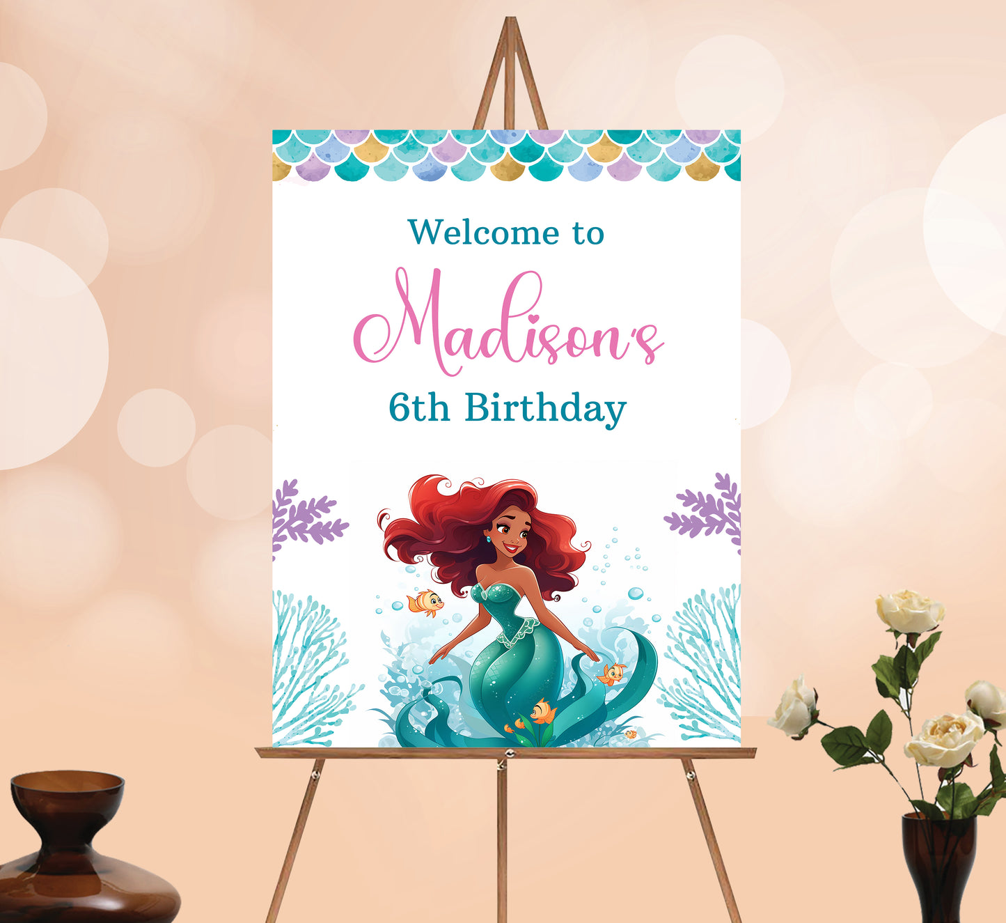 Mermaid Welcome Sign, Printable Sign Board, Girl Birthday, Digital Download, Edit yourself, Corjl 0271