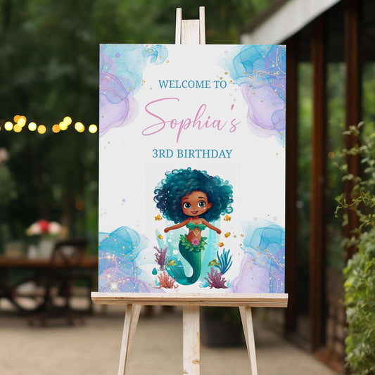 Mermaid Welcome Sign, Printable Sign Board, Girl Birthday, Digital Download, Edit yourself, Corjl 0276