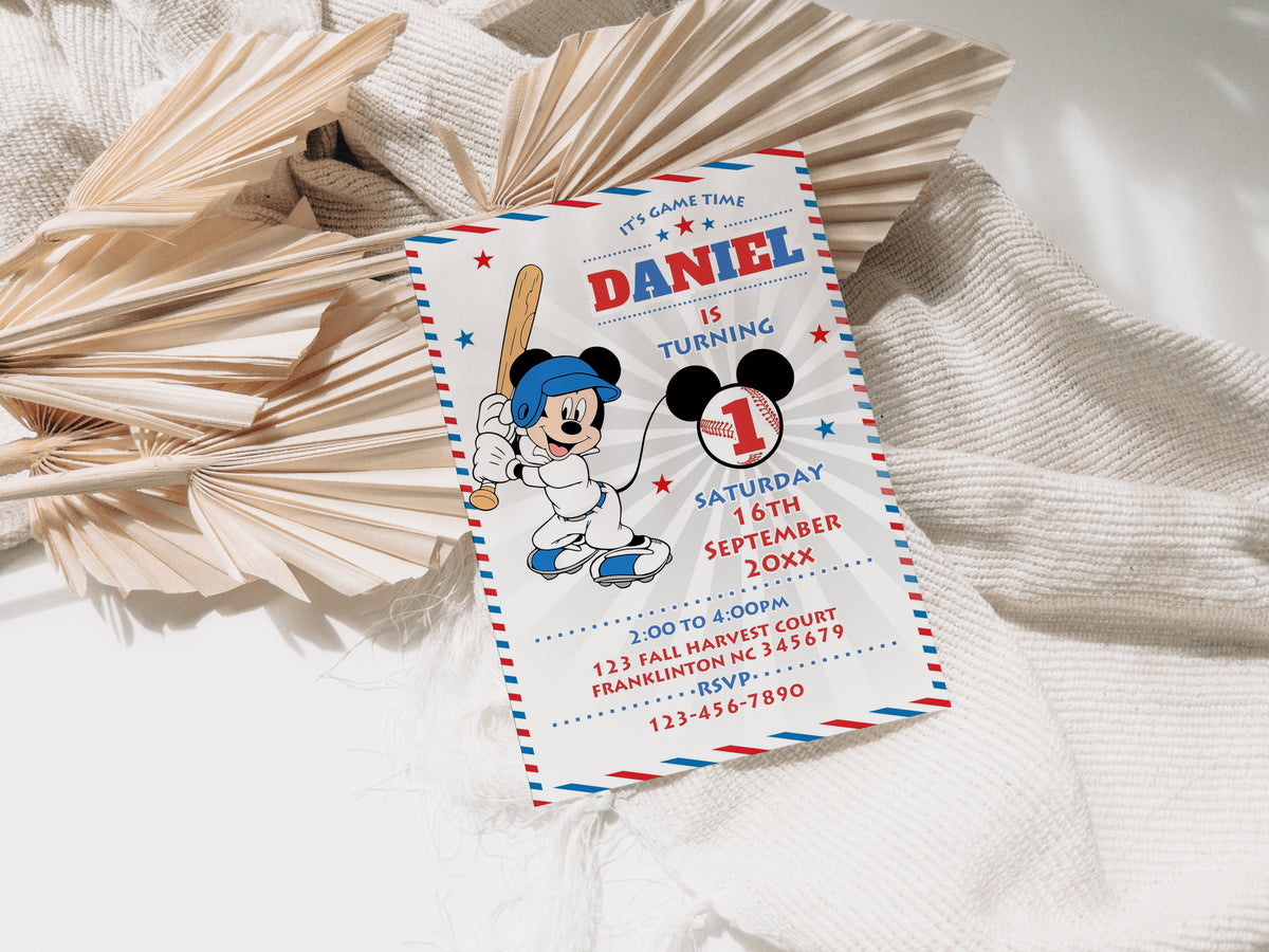 Mickey Baseball Blue Birthday Invitation Template, Printable Invitation, Boy Birthday, Evite, Digital Invite 0643