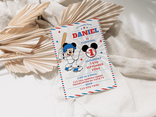 Mickey Baseball Blue Birthday Invitation Template, Printable Invitation, Boy Birthday, Evite, Digital Invite 0643