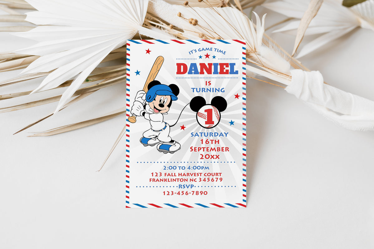 Mickey Baseball Blue Birthday Invitation Template, Printable Invitation, Boy Birthday, Evite, Digital Invite 0643