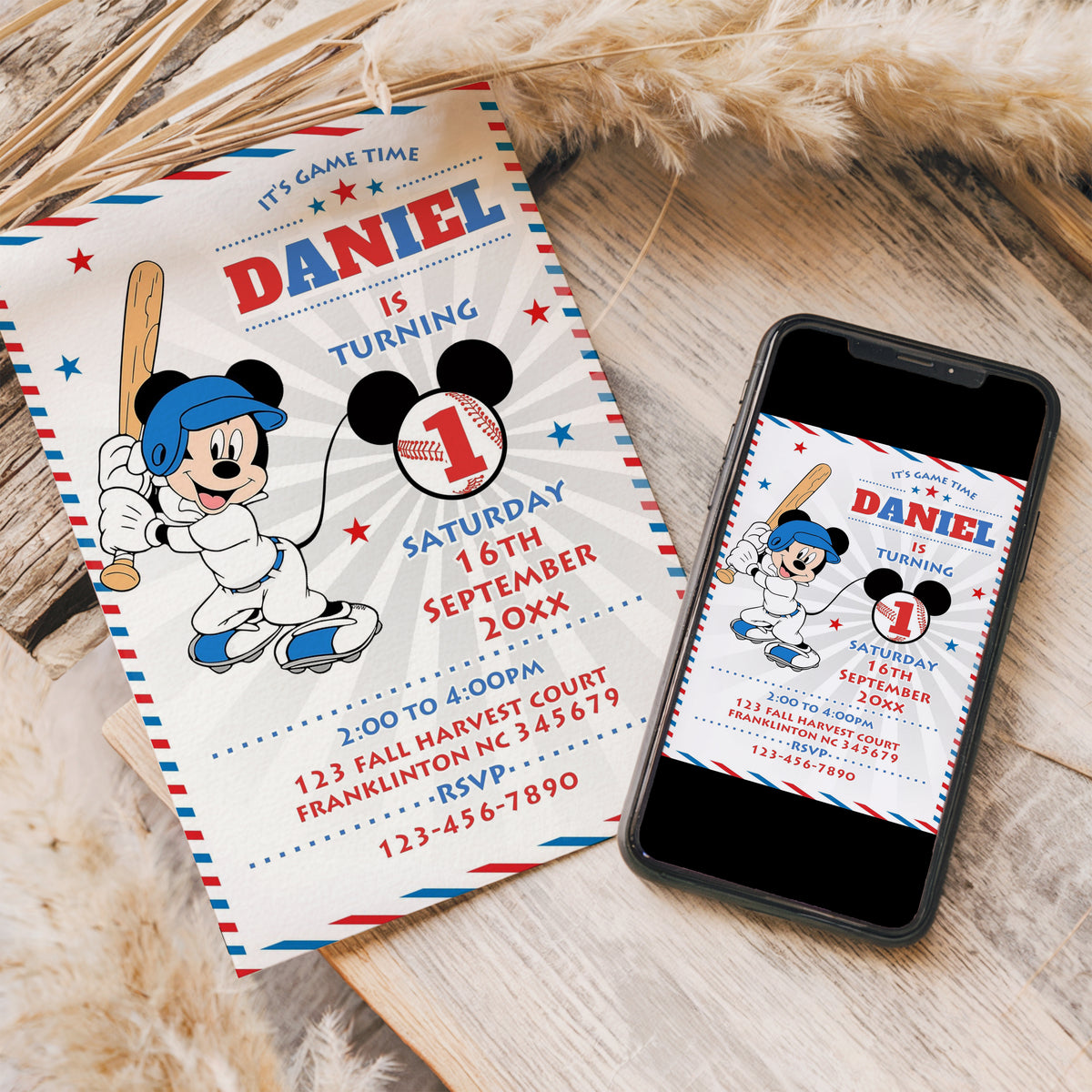 Mickey Baseball Blue Birthday Invitation Template, Printable Invitation, Boy Birthday, Evite, Digital Invite 0643