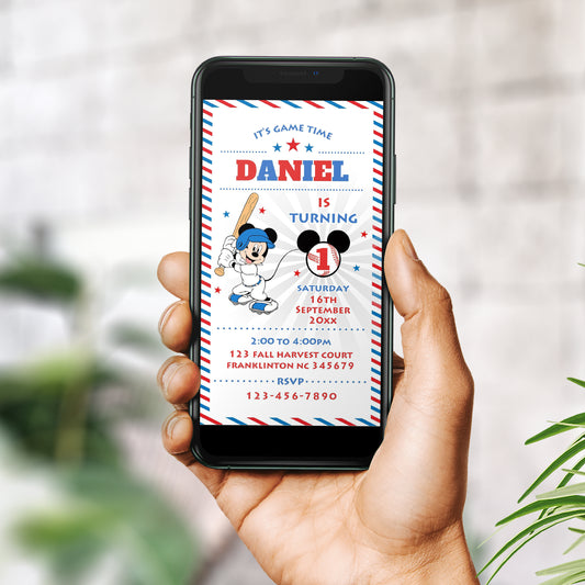 Editable Mobile Mickey Birthday Invitation Template, Baseball Invitations, Digital Kids Party Invite, Instant Download, Evite, Phone 0643