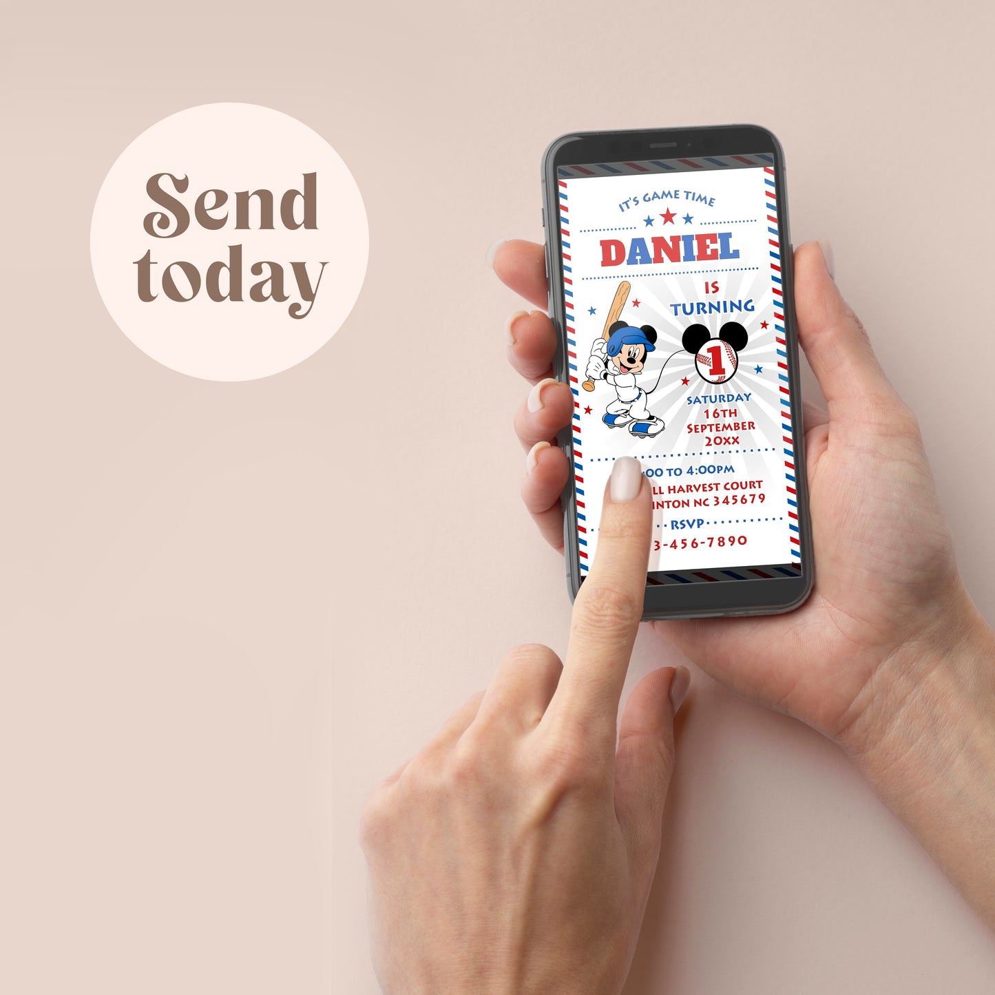 Editable Mobile Mickey Birthday Invitation Template, Baseball Invitations, Digital Kids Party Invite, Instant Download, Evite, Phone 0643