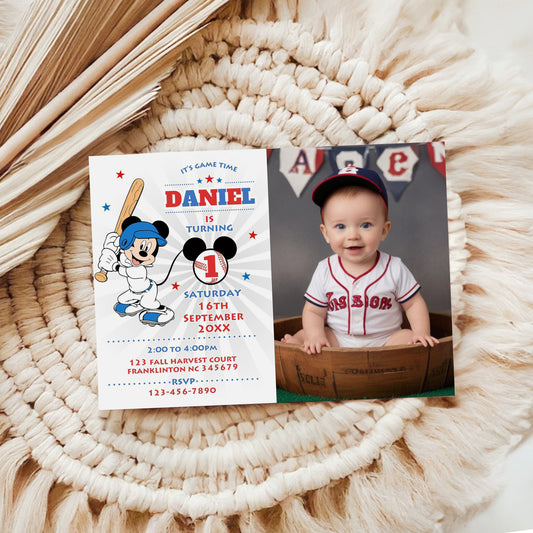 Mickey Mouse Blue Baseball Photo Invitation Mickey Mouse Photo Invitation Birthday Party Mickey Birthday Invitation Editable Invitation, Phone, Evite, 0643
