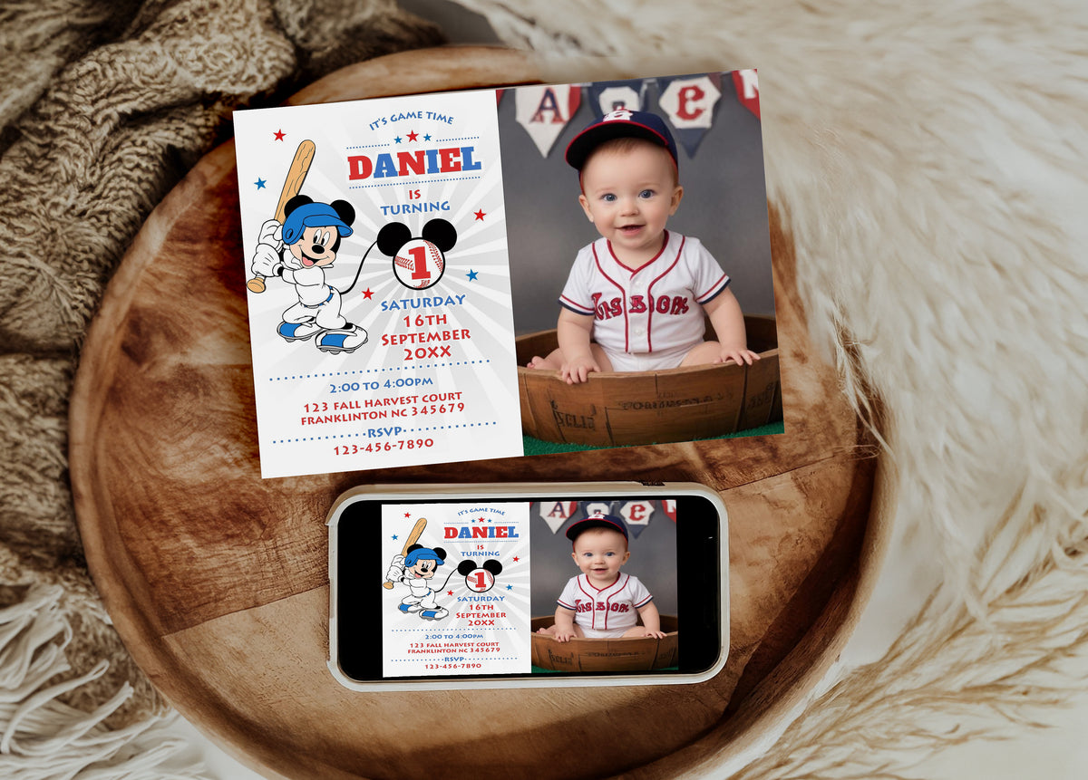 Mickey Mouse Blue Baseball Photo Invitation Mickey Mouse Photo Invitation Birthday Party Mickey Birthday Invitation Editable Invitation, Phone, Evite, 0643