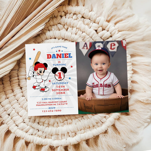 Mickey Baseball Photo Birthday Invitation Template, Printable Photo Invitation, Boy Birthday, Evite, Digital Invite, 0040