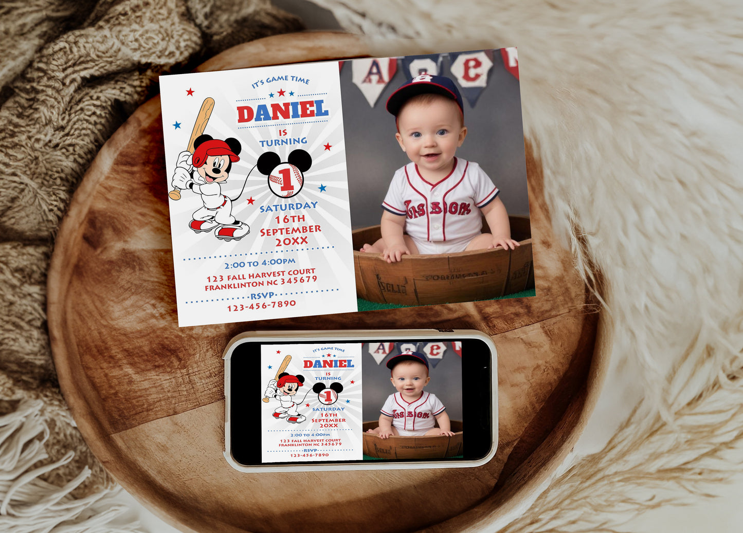Mickey Baseball Photo Birthday Invitation Template, Printable Photo Invitation, Boy Birthday, Evite, Digital Invite, 0040