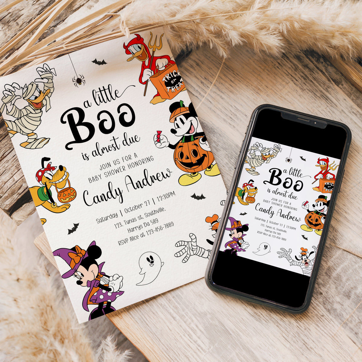 Mickey Ghost Baby Shower Invitation, Halloween Pumpkin Theme Printable Canva instant download Halloween Party, Mickey Mouse, Evite, 0649