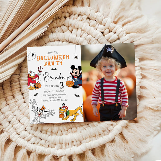 Halloween Birthday Party Invitation with Photo, Mickey Mouse and Friends, Spooky Instant Download, Halloween Digital Invite Picture, 0645