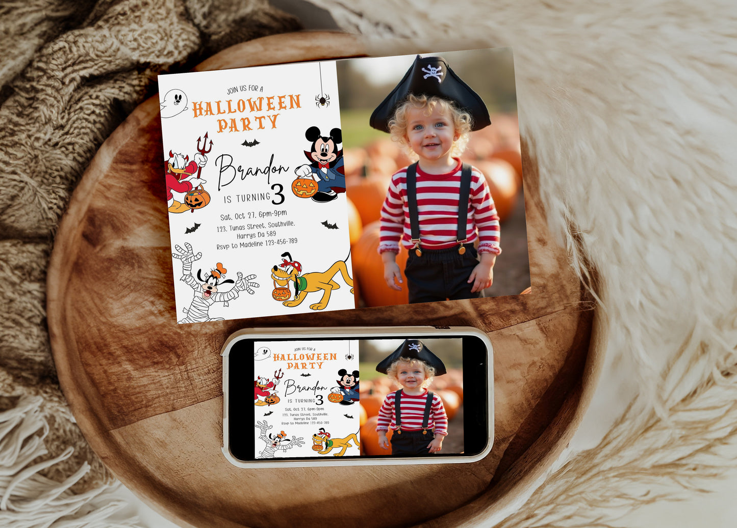 Halloween Birthday Party Invitation with Photo, Mickey Mouse and Friends, Spooky Instant Download, Halloween Digital Invite Picture, 0645