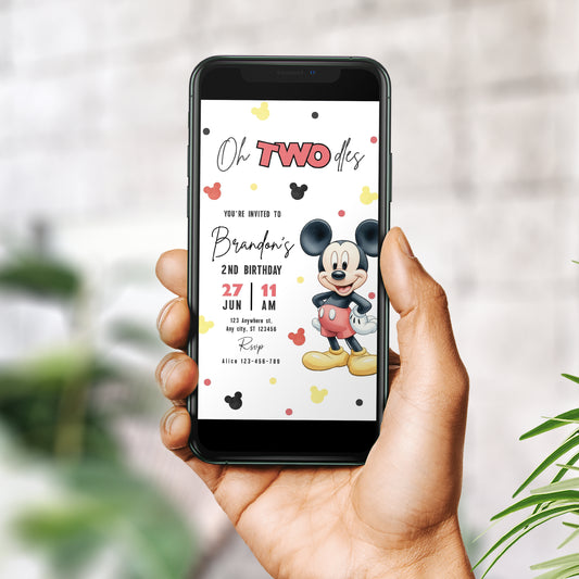 Mickey Oh TWOdles Birthday Digital Invitation, Boho Mickey Invite Template, Phone Invite, Evites, Mobile Invite, Mouse Second Birthday 0740