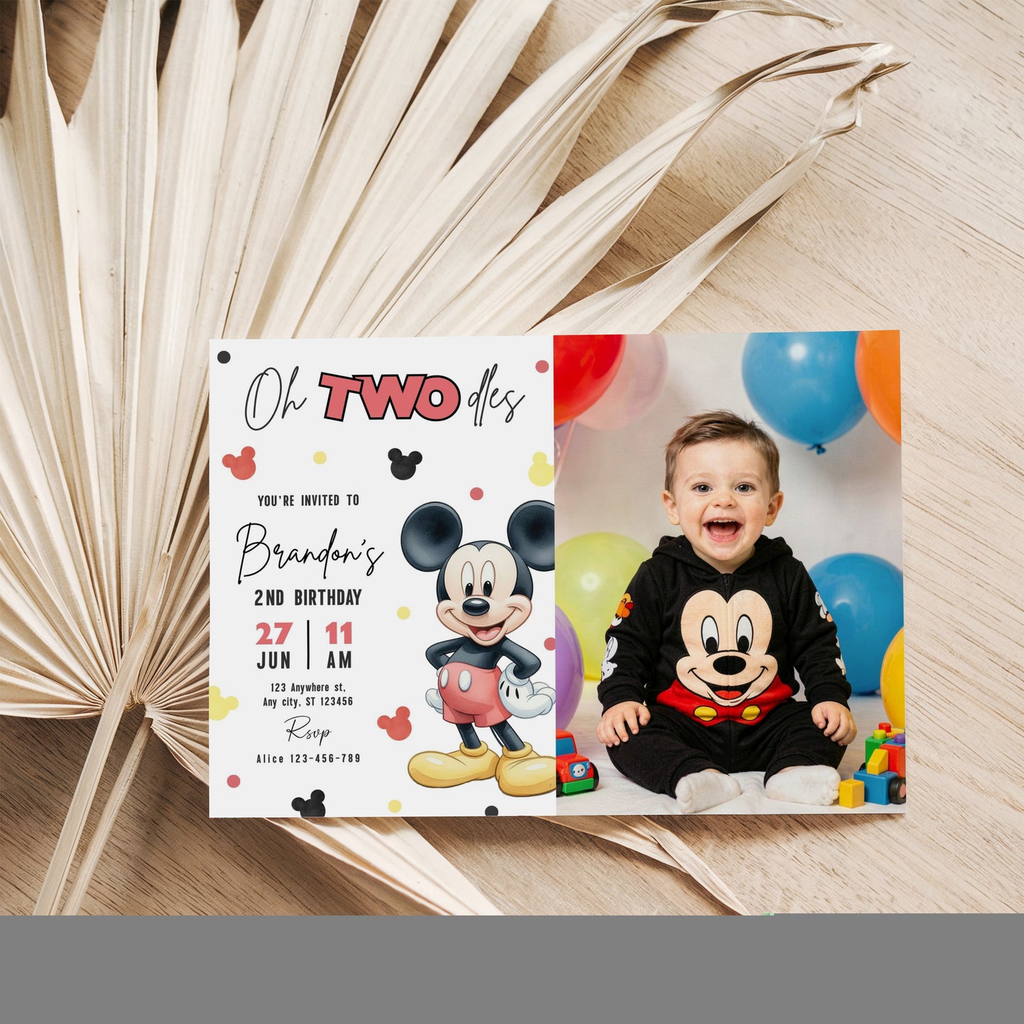 Mickey Oh TWOdles Birthday Photo Invitation, Boho Mickey Photo Invite Template, Mouse Second Birthday Photo invitation 0740