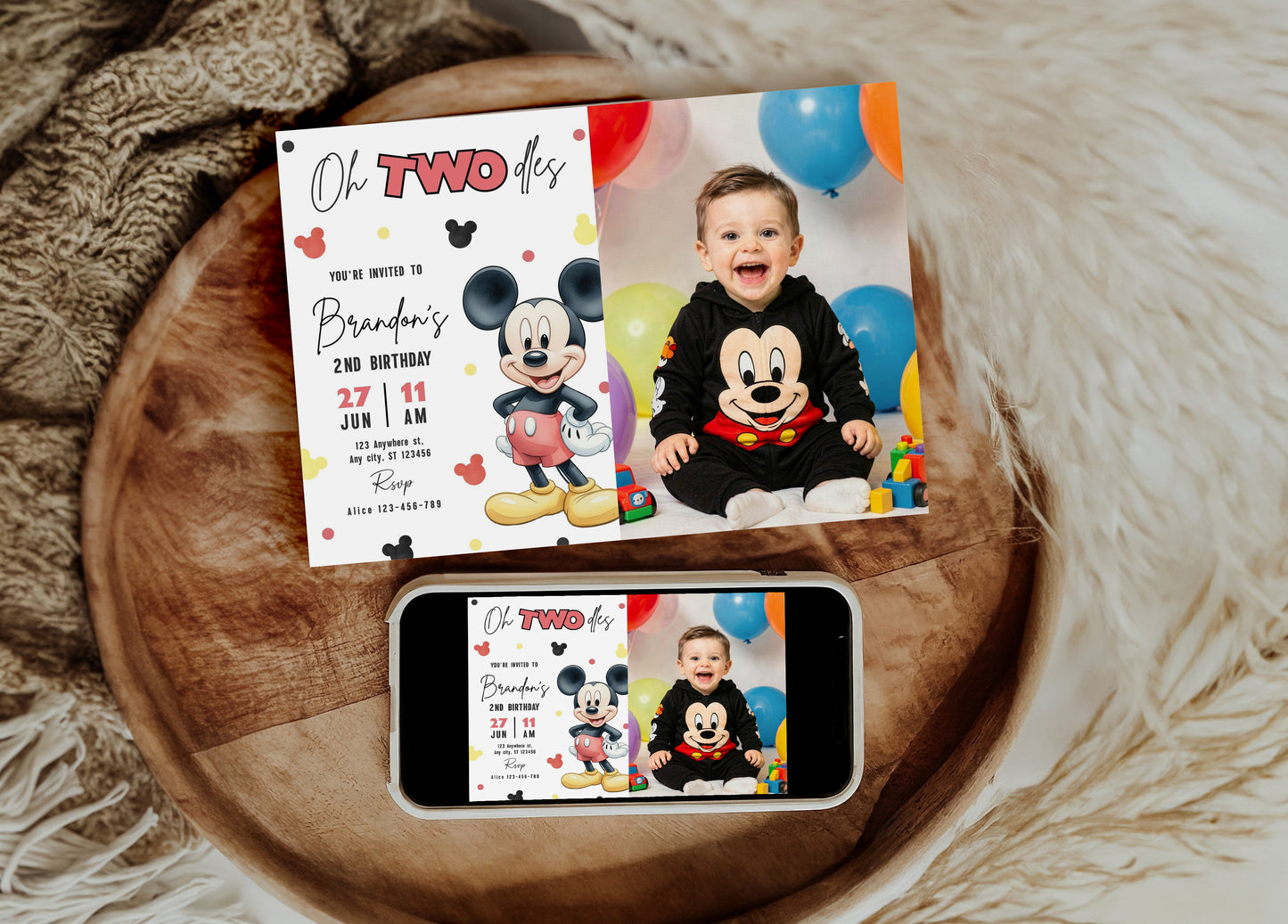 Mickey Oh TWOdles Birthday Photo Invitation, Boho Mickey Photo Invite Template, Mouse Second Birthday Photo invitation 0740