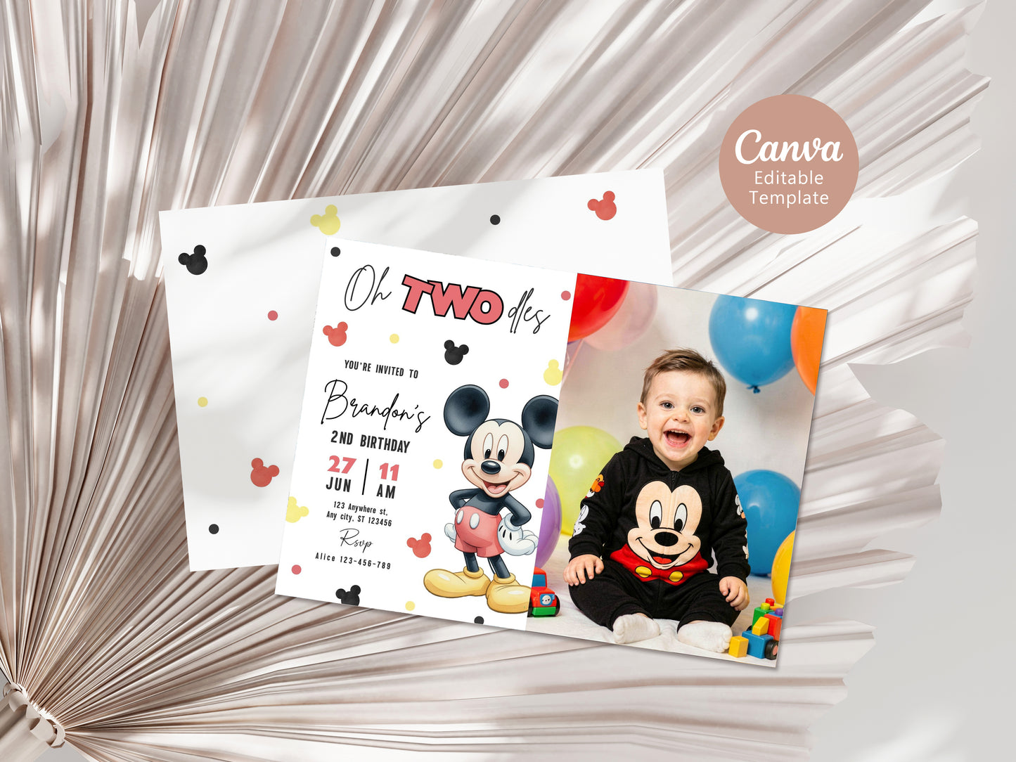 Mickey Oh TWOdles Birthday Photo Invitation, Boho Mickey Photo Invite Template, Mouse Second Birthday Photo invitation 0740